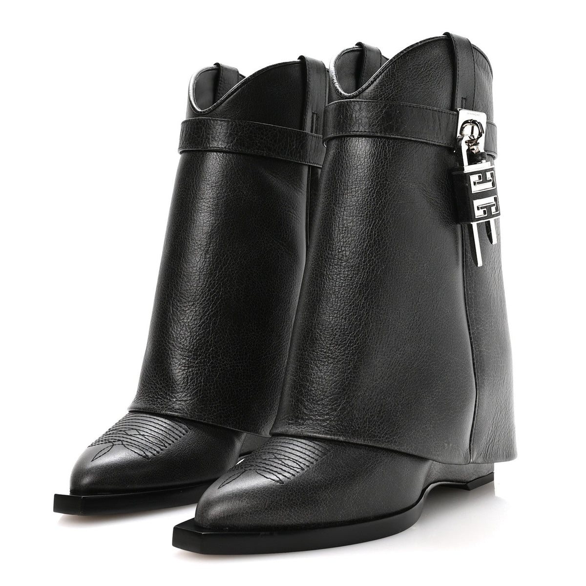 Aged Calfskin Cowboy Shark Lock Ankle 37 Black