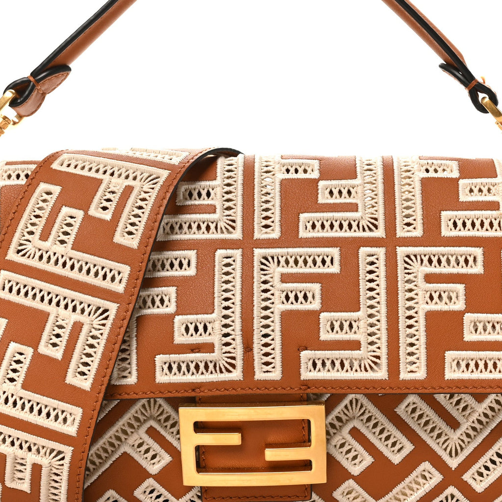 Vitello Seta FF Ajour Embroidered Baguette Brandy