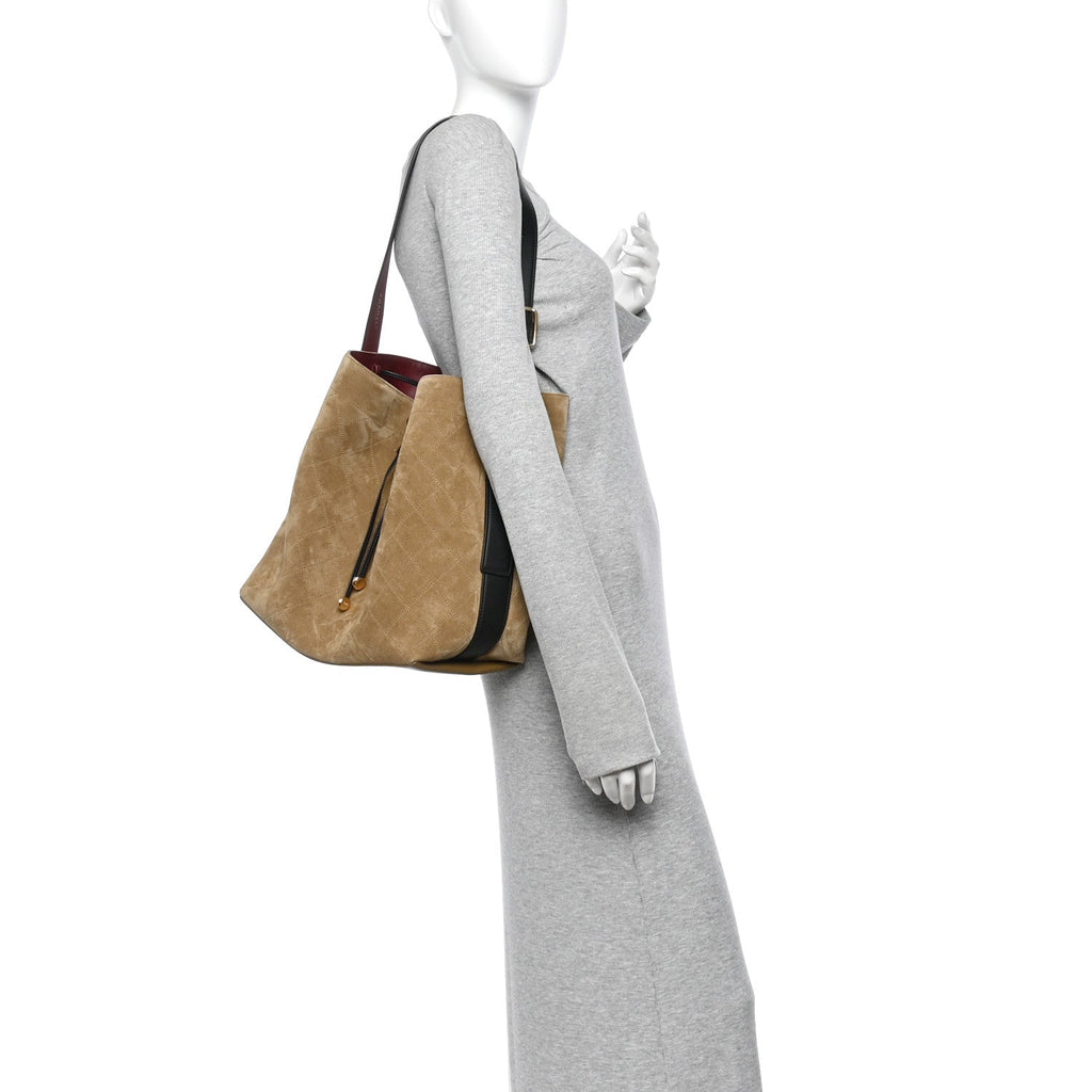 Suede Quilted Bucket Bag Dark Beige Black