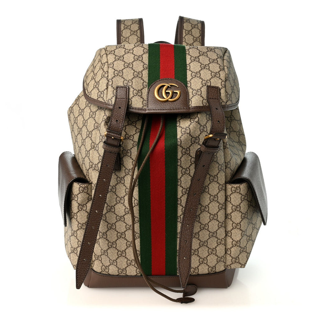 GG Supreme Monogram Medium Ophidia Double Buckle Backpack Brown