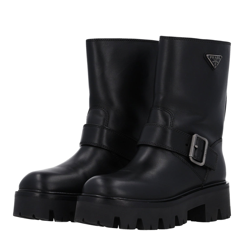 Calfskin Metal Triangle Logo Buckled Booties 36 Black