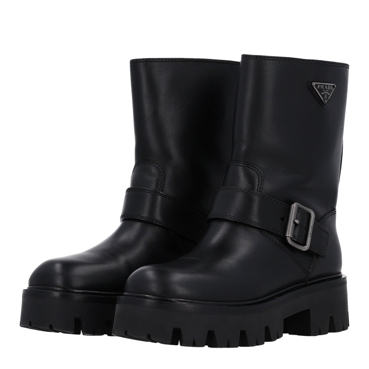 Calfskin Metal Triangle Logo Buckled Booties 36 Black