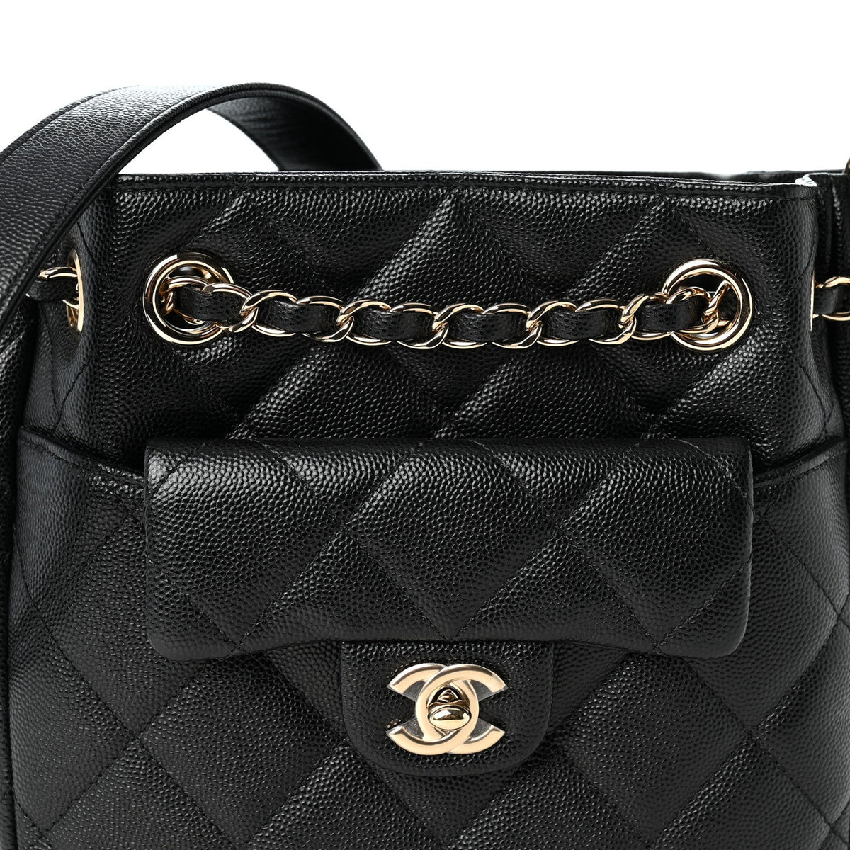 Caviar Quilted Flap Bucket Bag Black