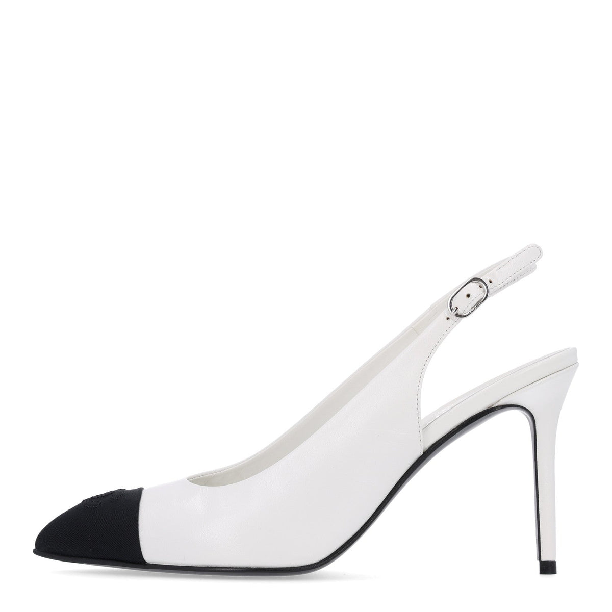 Goatskin Grosgrain Pointed Cap Toe CC Slingback Pumps 38.5 White Black