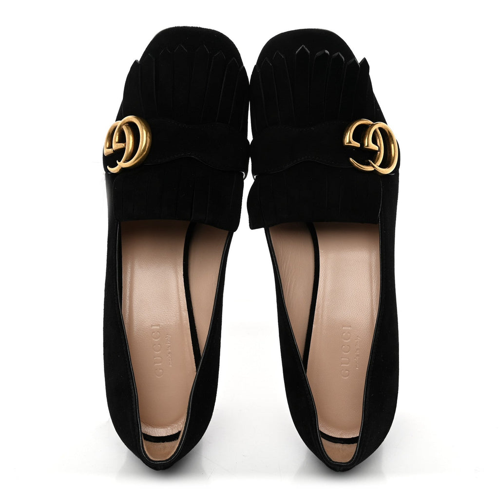 Kid Scamosciato GG Marmont Fringe 50mm Loafer Pumps 37.5 Black
