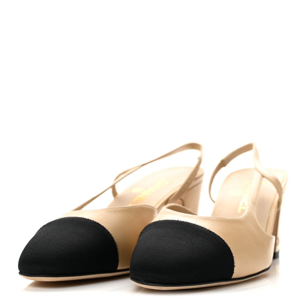 Goatskin Grosgrain Cap Toe CC Slingback Pumps 39 Beige Black
