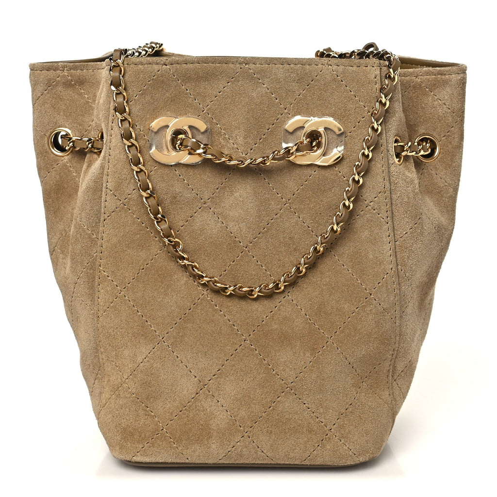 Suede Calfskin Quilted Mini Bucket Bag With Chain Dark Beige