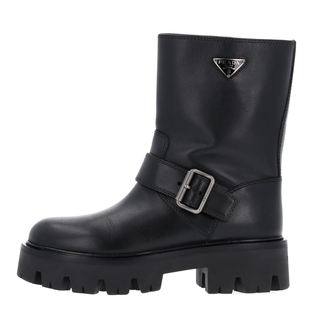 Calfskin Metal Triangle Logo Buckled Booties 36 Black