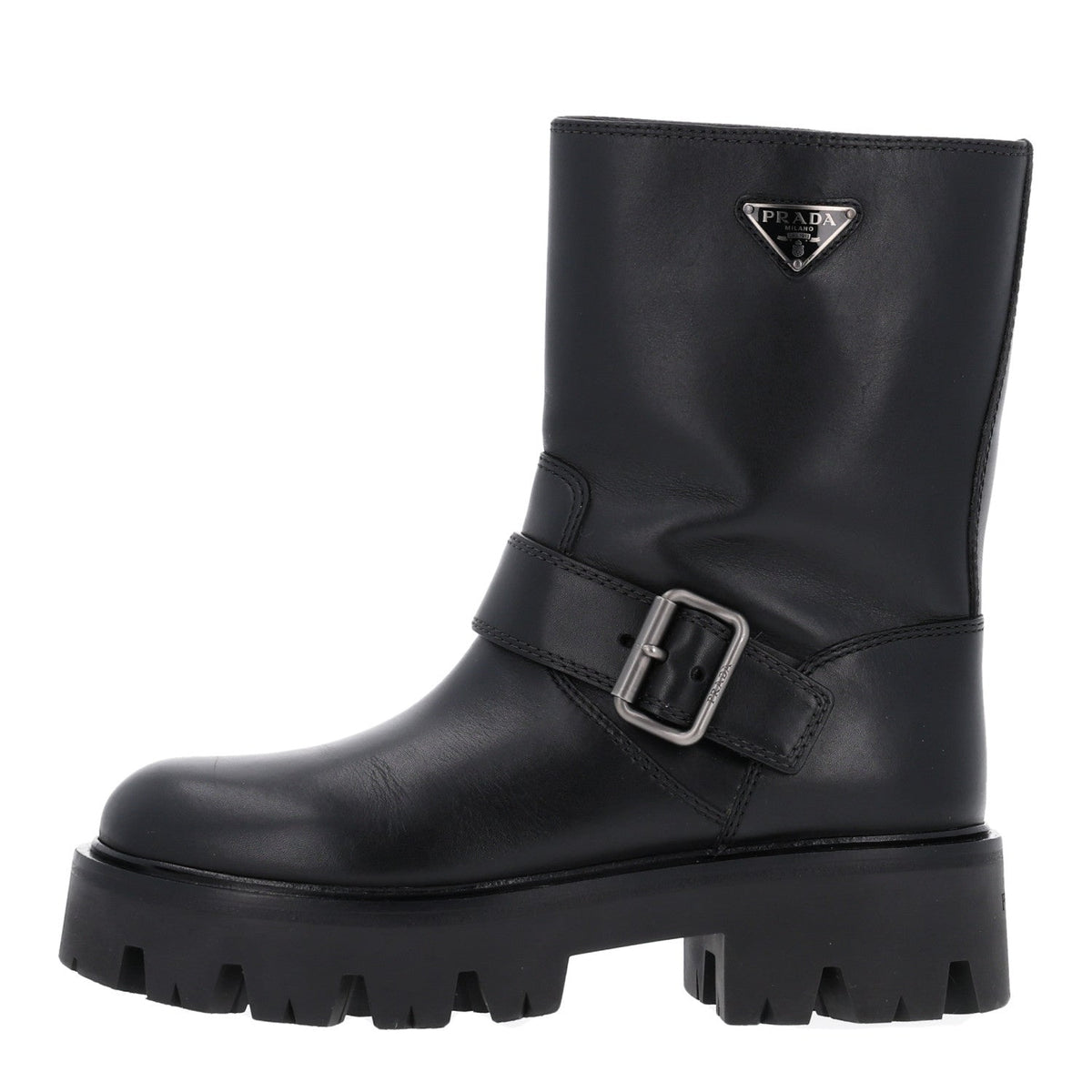Calfskin Metal Triangle Logo Buckled Booties 36 Black