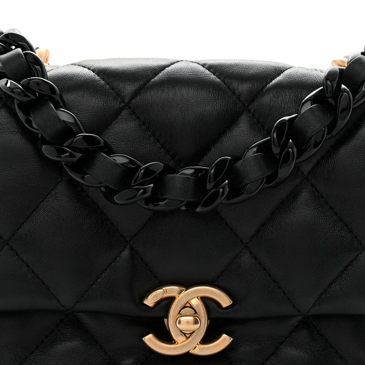 Lambskin Quilted Mini Lacquered Chain Flap Black