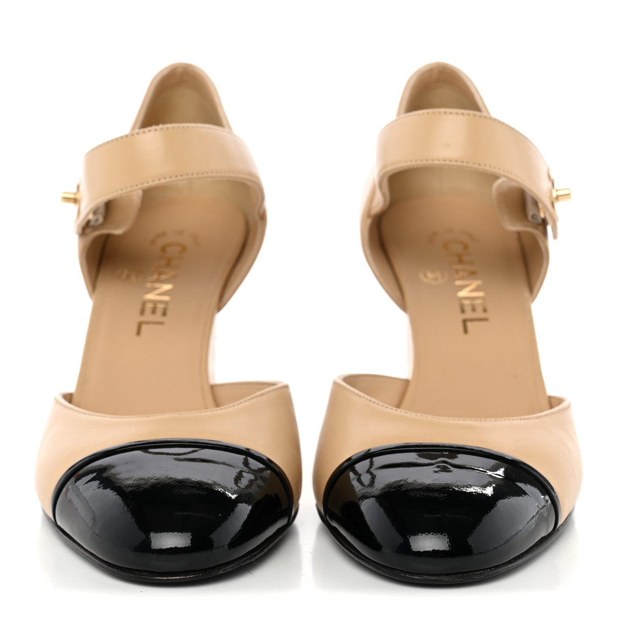Lambskin Patent Cap Toe Mary Jane Wedge Pumps 37.5 Beige Black