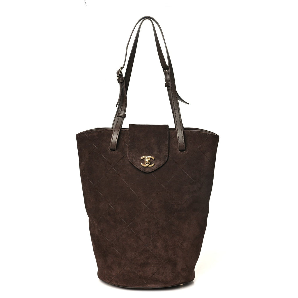 Suede Quilted Large Bucket Bag  Dark Brown