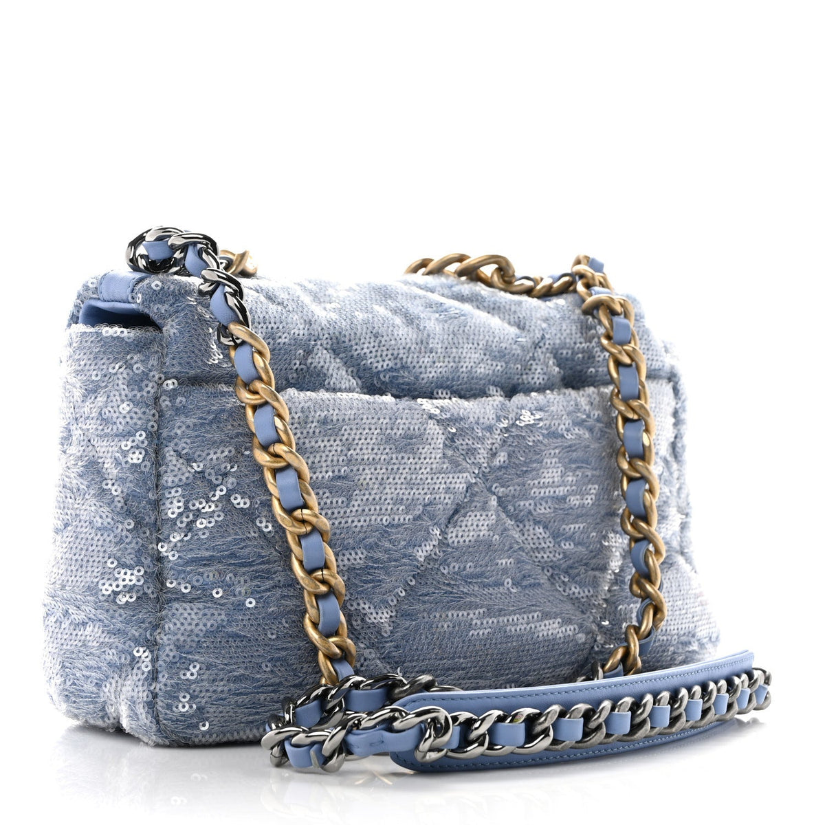 Sequin Quilted Medium Chanel 19 Flap Light Blue
