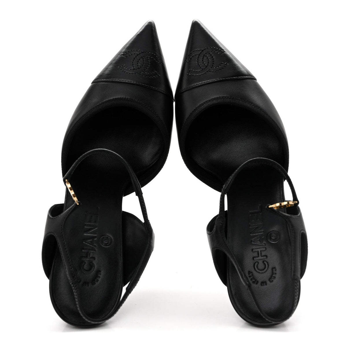Lambskin Pointed Cap Toe CC Slingback Pumps 38 Black