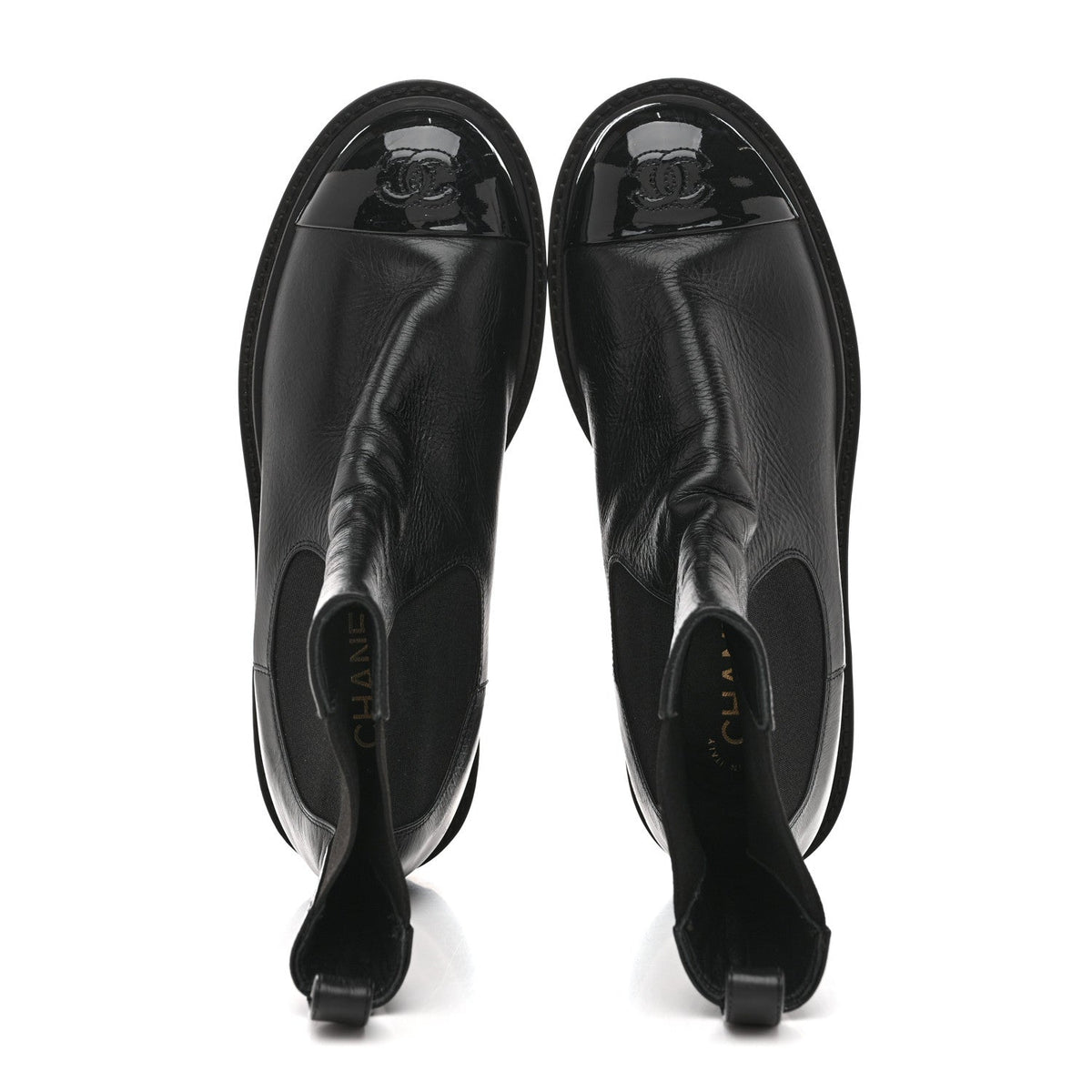 Crumpled Calfskin Patent Cap Toe Short Boots 39.5 Black