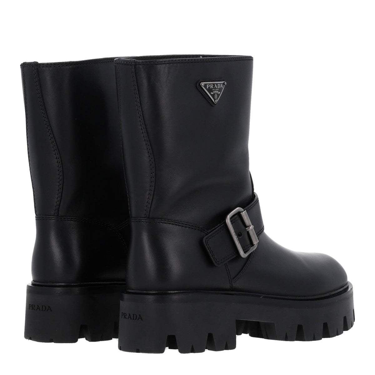 Calfskin Metal Triangle Logo Buckled Booties 36 Black