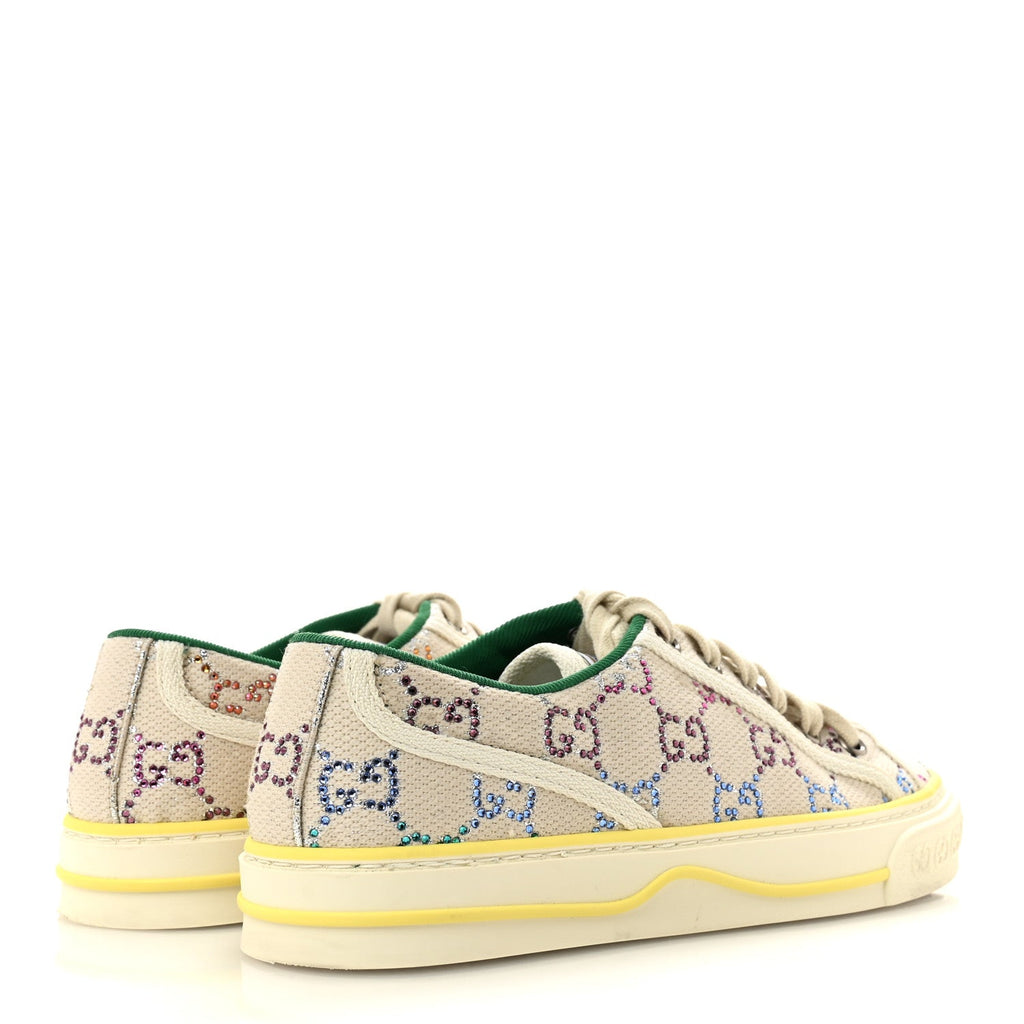 Canvas Lame Crystal GG Monogram Womens 1977 Tennis Sneakers 36 Gardenia Silver Mystic White