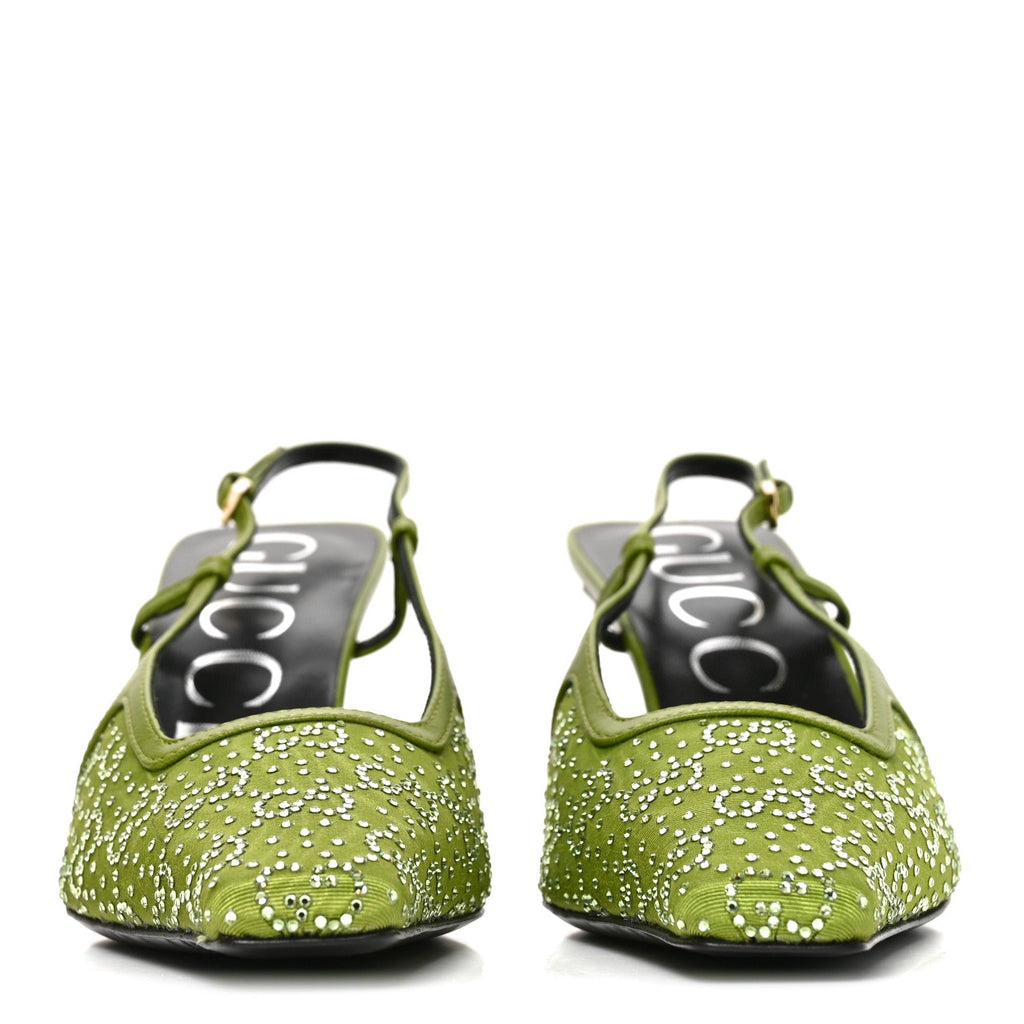 Moire Fabric Malaga Kid Crystal GG Monogram Square G 75mm Slingback Pumps 37 Lemon Leaf