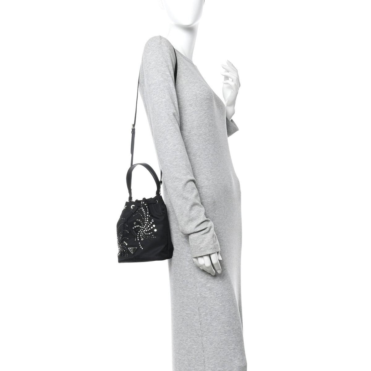 Tessuto Saffiano Ricamo Sequin Crystal Embellished Mini Re-Edition 1978 Bucket Bag Black