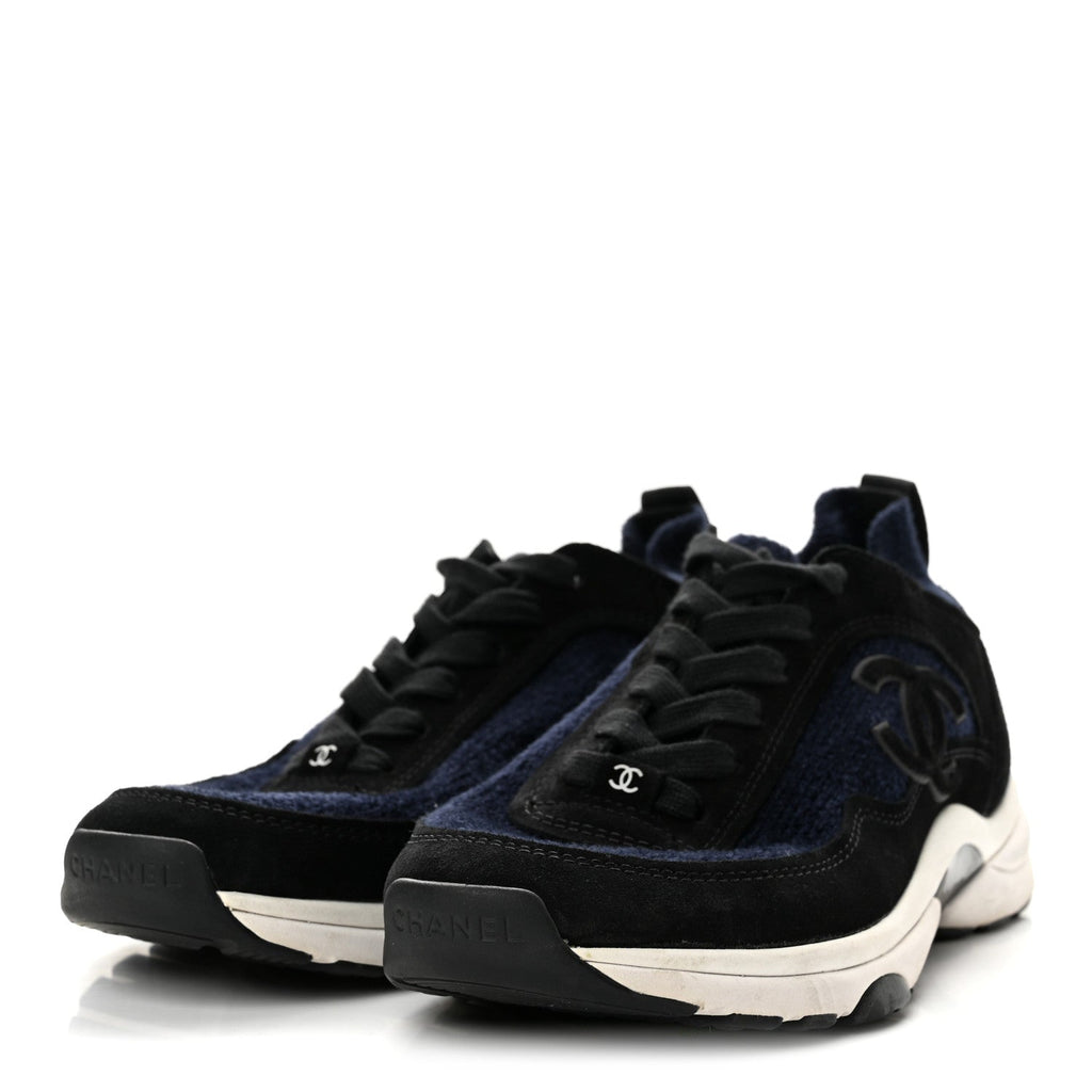 Knit Fabric Suede Calfskin Womens CC Sneakers 37.5 Navy Black
