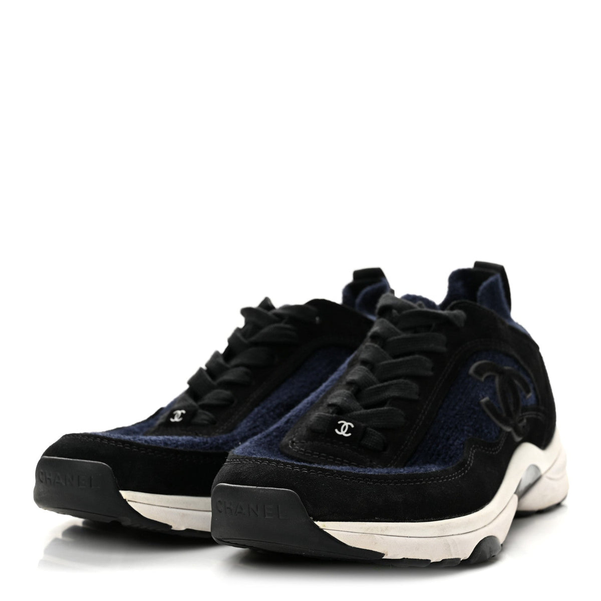 Knit Fabric Suede Calfskin Womens CC Sneakers 37.5 Navy Black