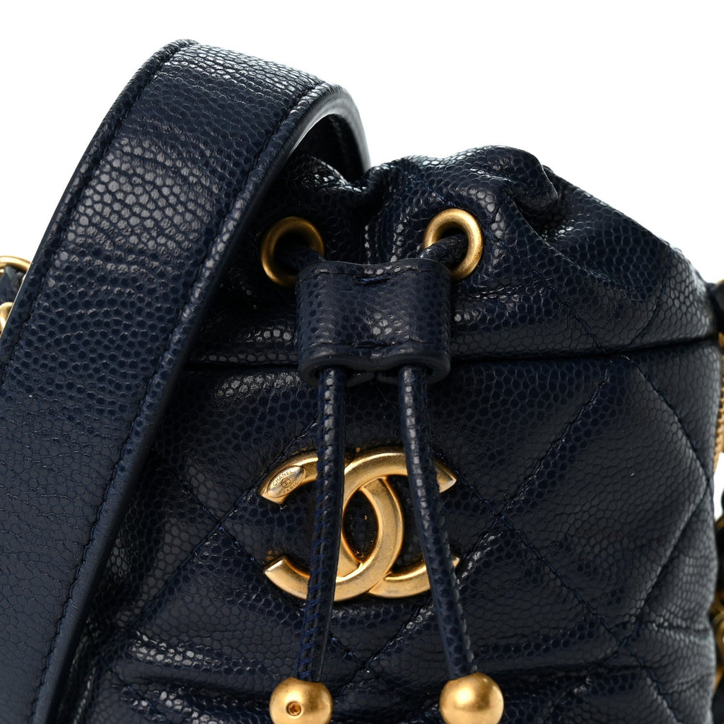 Caviar Quilted Twist Your Buttons Mini Bucket Bag Navy