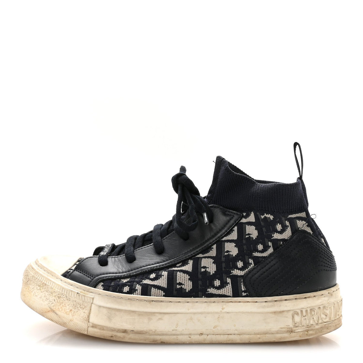 Technical Knit Calfskin Oblique Womens Walk'n Dior Mid Top Sneakers 35 Deep Blue