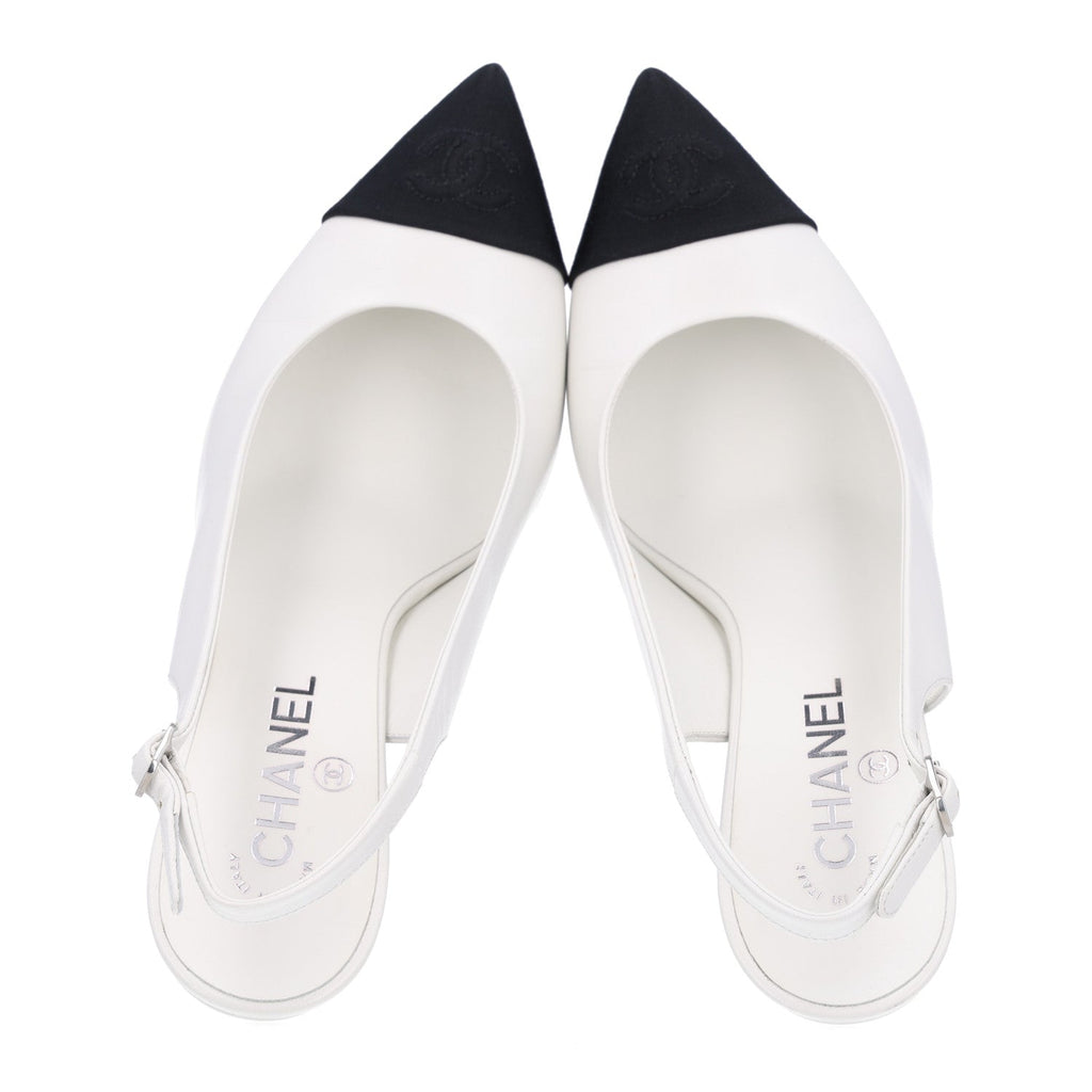 Goatskin Grosgrain Pointed Cap Toe CC Slingback Pumps 38.5 White Black