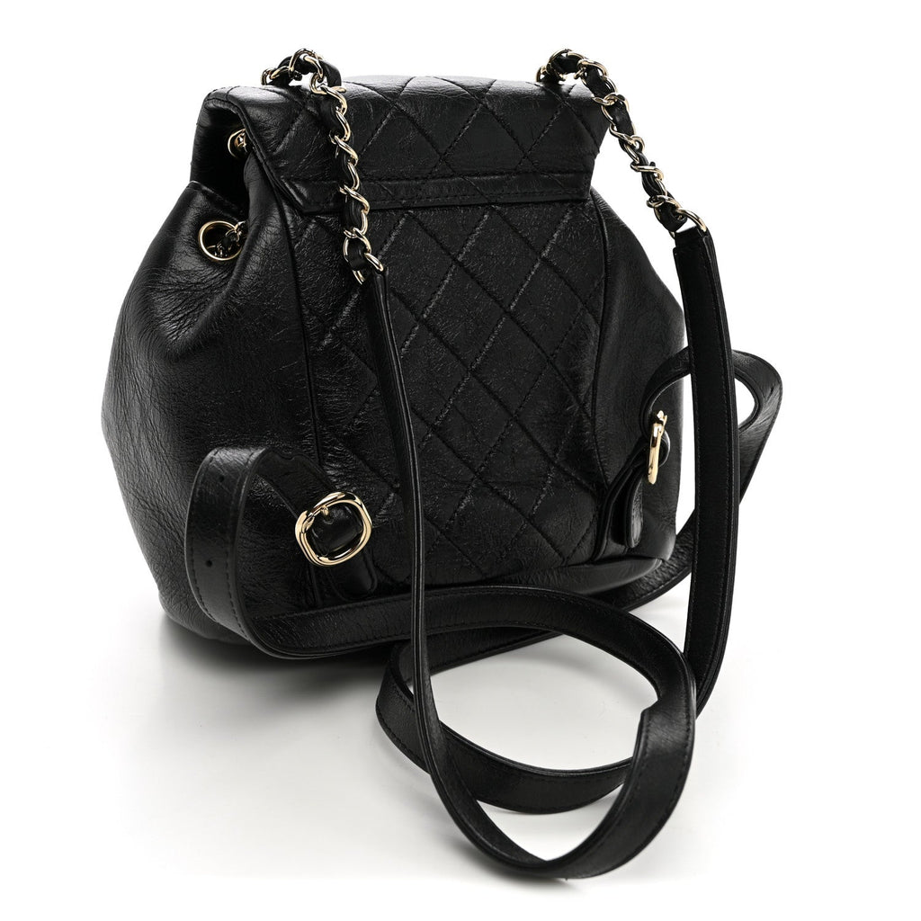Glazed Aged Calfskin Quilted Small Duma Drawstring Backpack Black