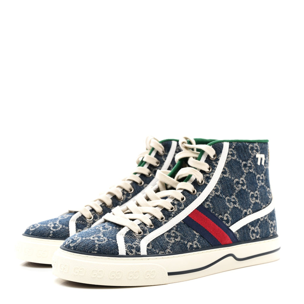 New Denim GG Monogram Web Mens 1977 Tennis High Top Sneakers 7.5 Blue Tea Mystic White