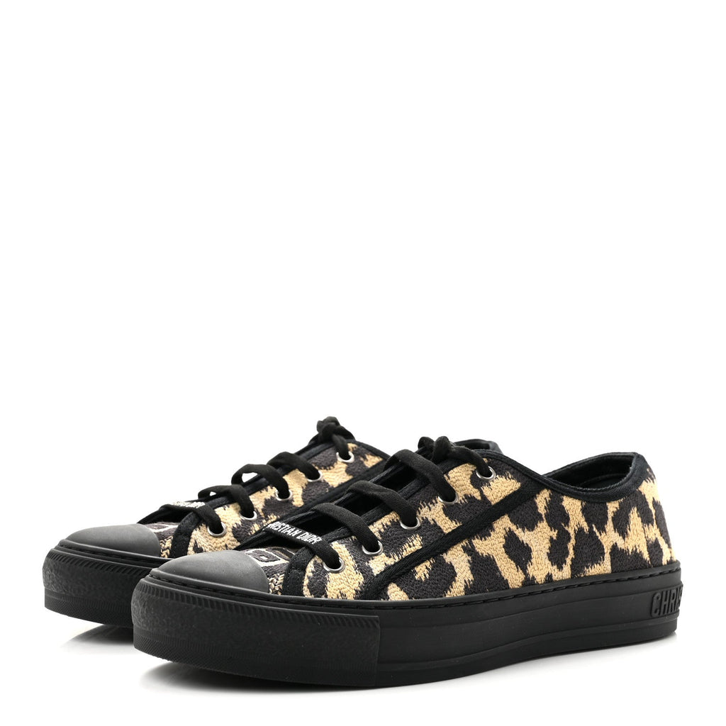 Canvas Leopard Print Embroidered Womens Walk'N'Dior Low Top Sneakers 39.5 Natural