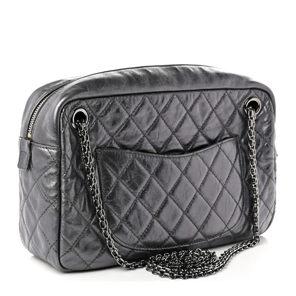 Metallic Aged Calfskin Quilted Medium Reissue Camera Case Dark Silver