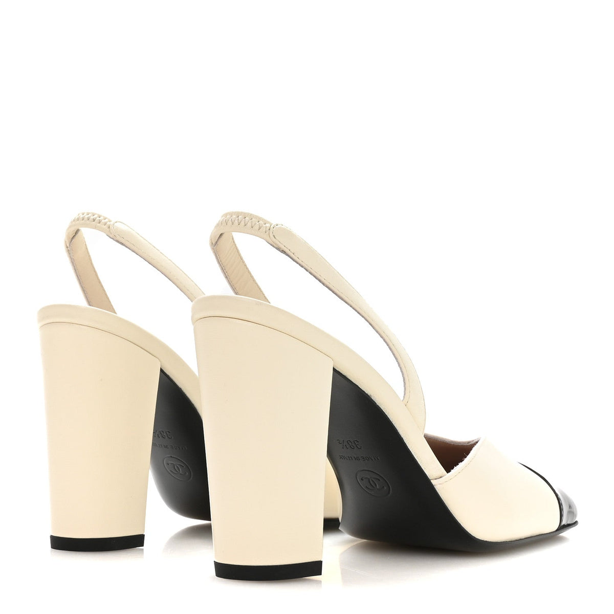 Lambskin Patent Calfskin Cap Toe CC Slingback Pumps 38.5 Ivory Black
