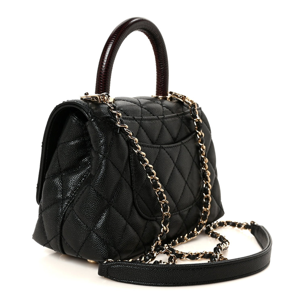Caviar Lizard Embossed Quilted Extra Mini Coco Handle Flap Black