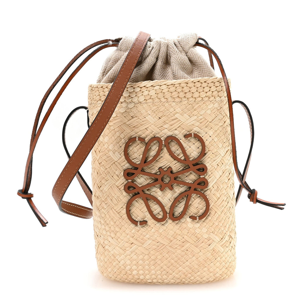 Calfskin Raffia Paulas Ibiza Square Bucket Bag Natural Tan