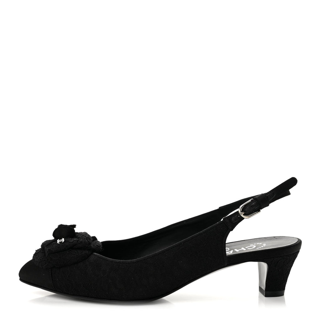 Lace Camellia CC Slingback Pumps 38 Black
