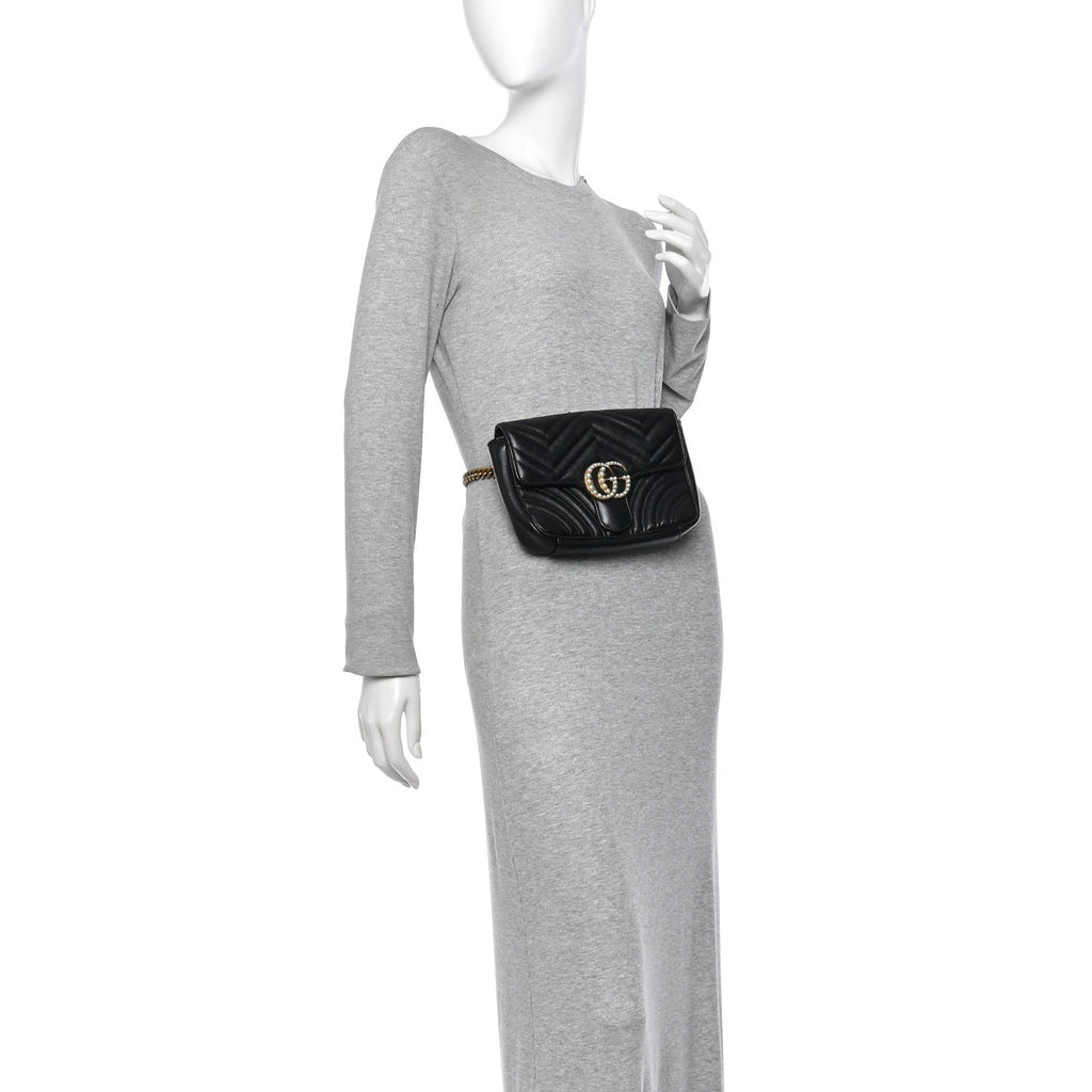 Calfskin Matelasse Pearly GG Marmont Chain Belt Bag Black