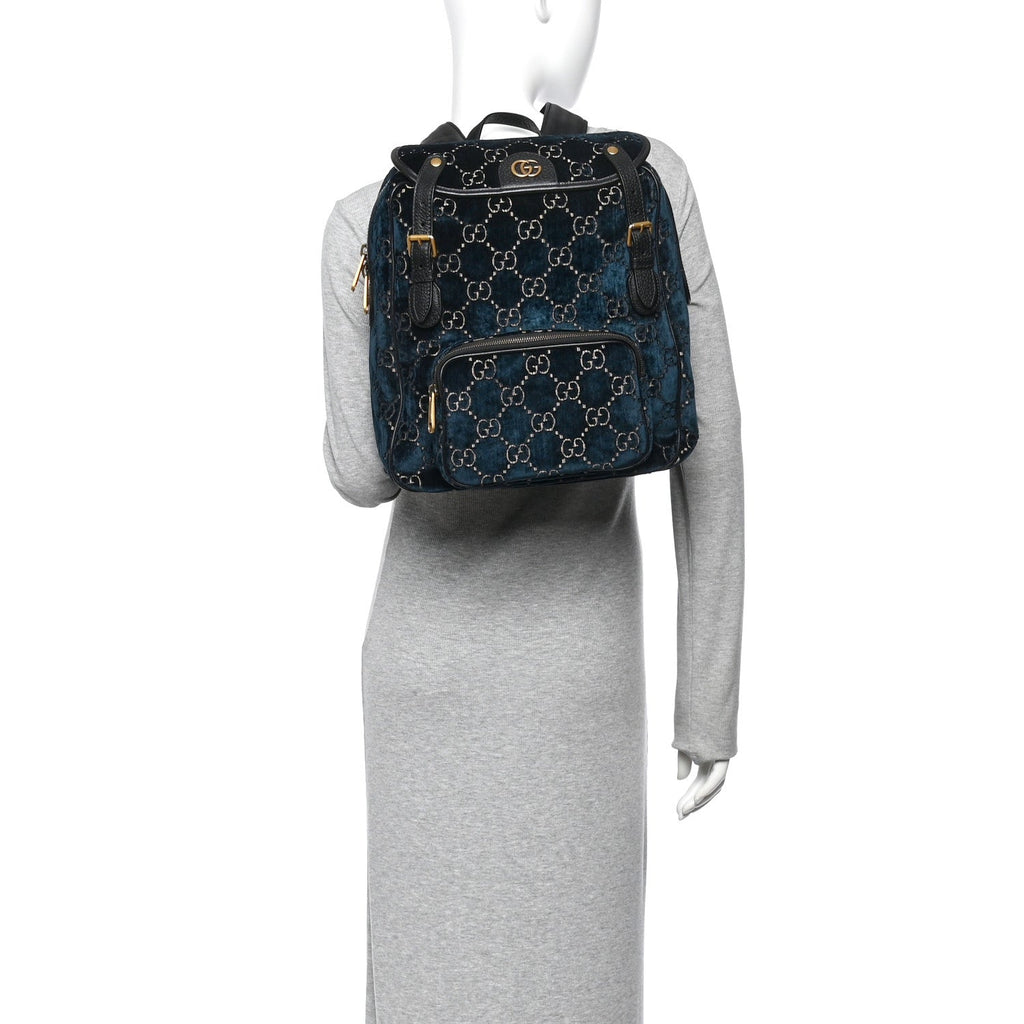 Velvet GG Monogram Textured Calfskin Web Small Double Buckle Backpack Blue Beige Black