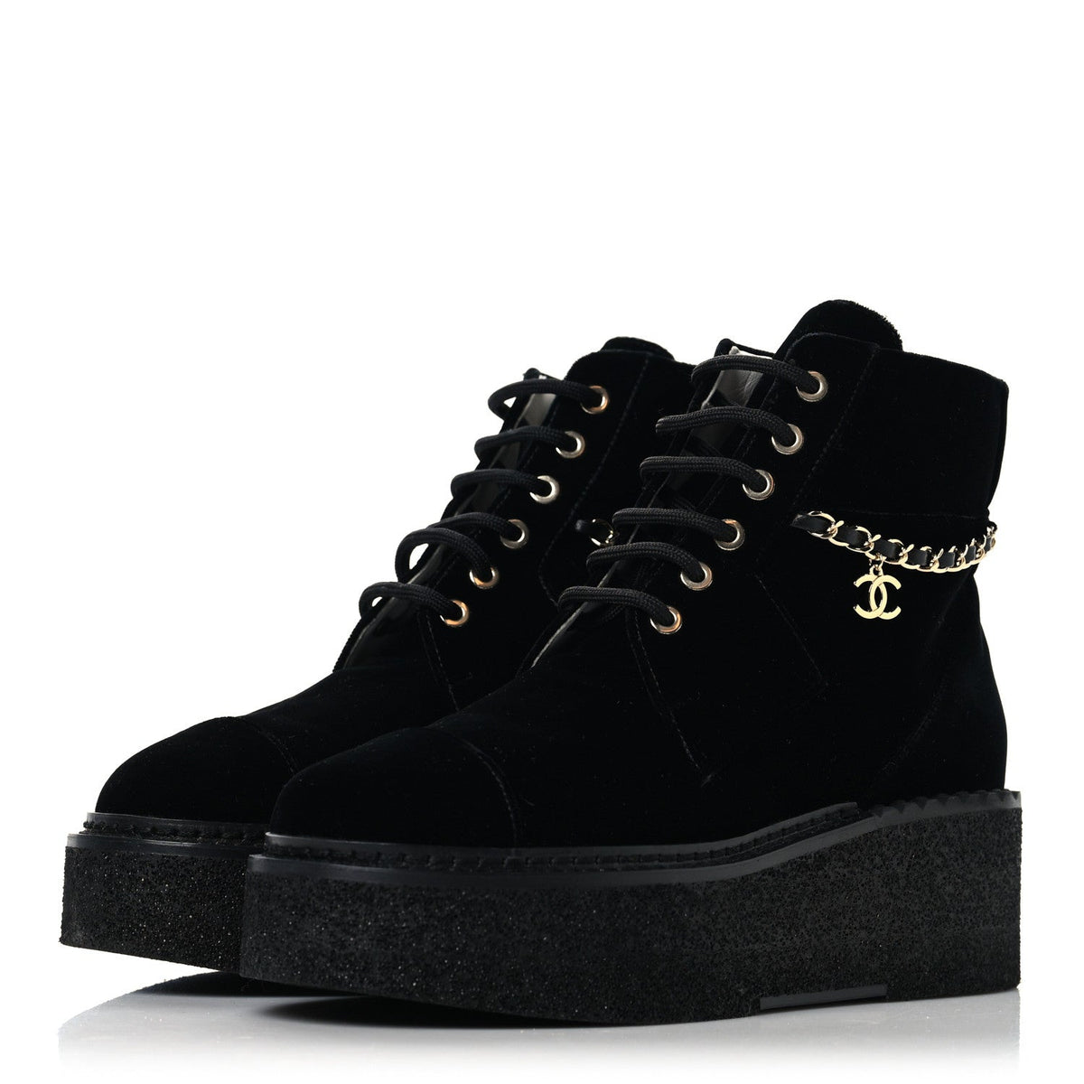 Velvet Chain Lace Up CC Short Boots 37 Black