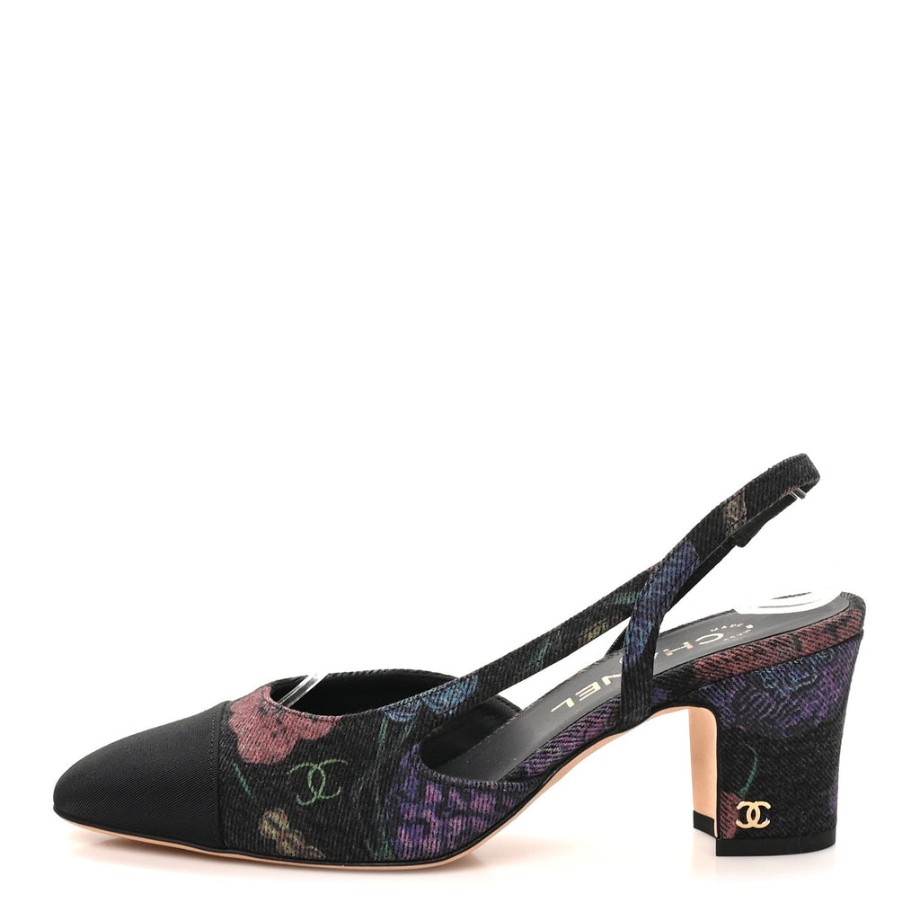 Denim Grosgrain Cap Toe CC Slingback Pumps 37 Charcoal Multicolor
