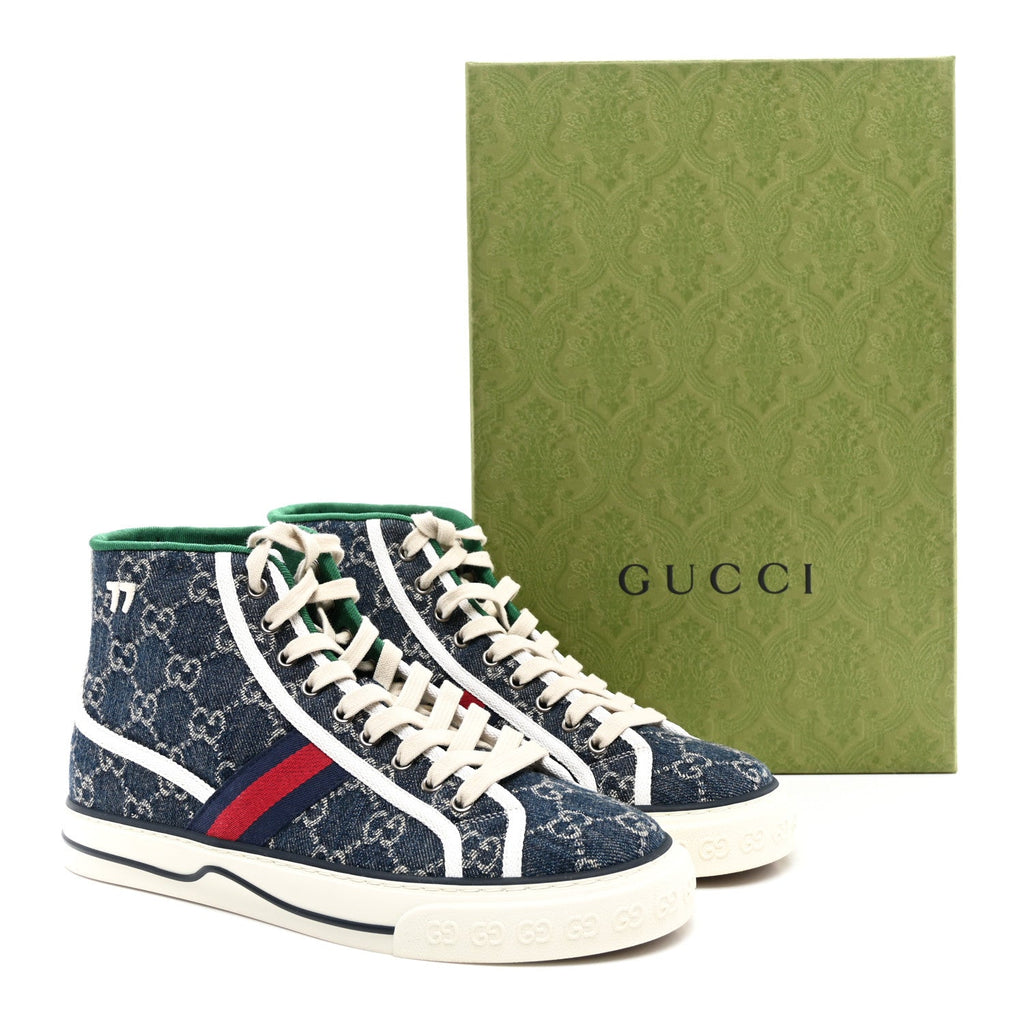 New Denim GG Monogram Web Mens 1977 Tennis High Top Sneakers 7.5 Blue Tea Mystic White