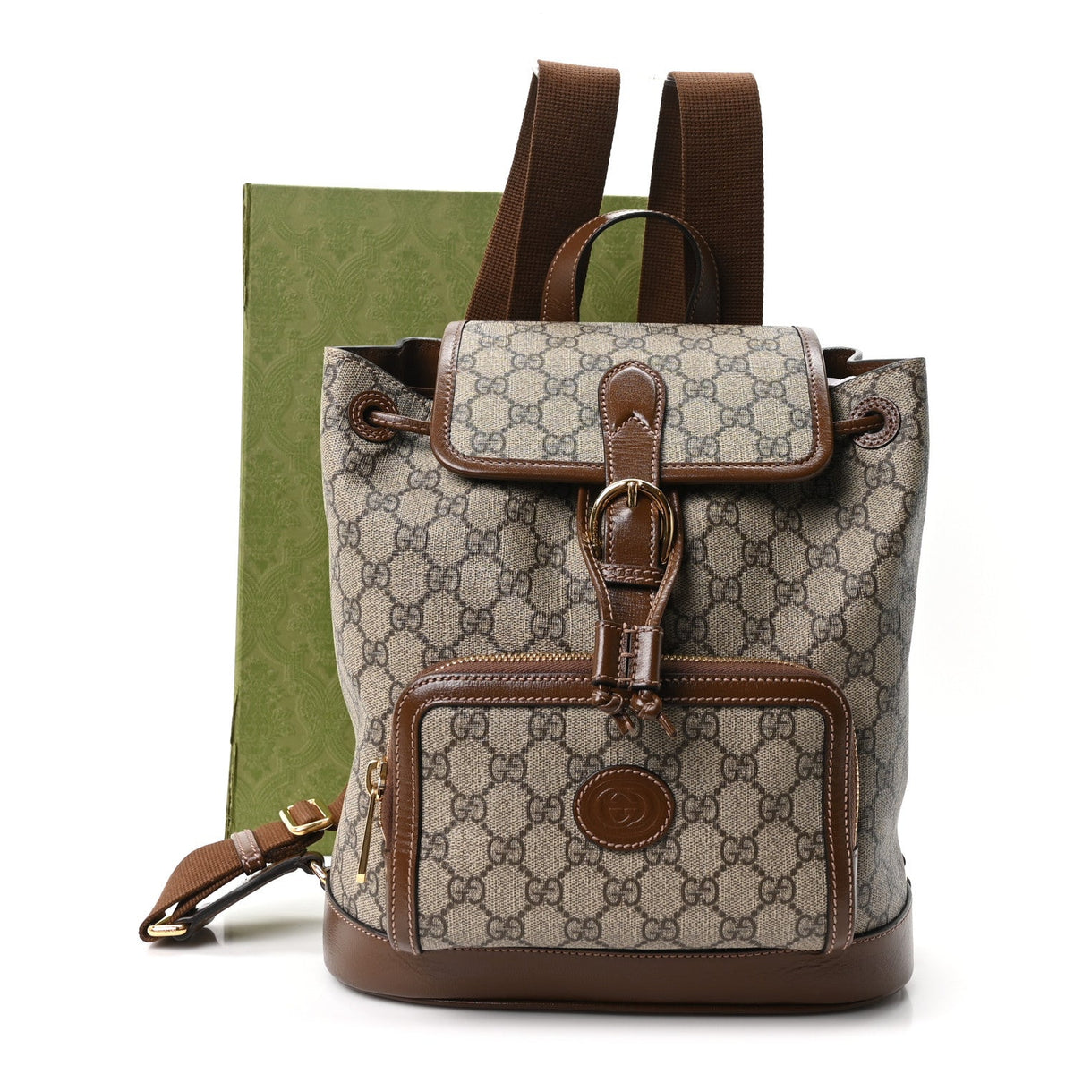 GG Supreme Monogram Azalea Calfskin Retro Interlocking G Buckle Backpack Beige Ebony Brown Sugar