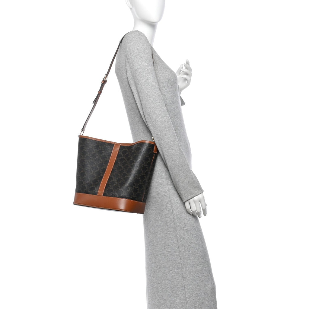 Triomphe Canvas Calfskin Medium Bucket Bag Tan