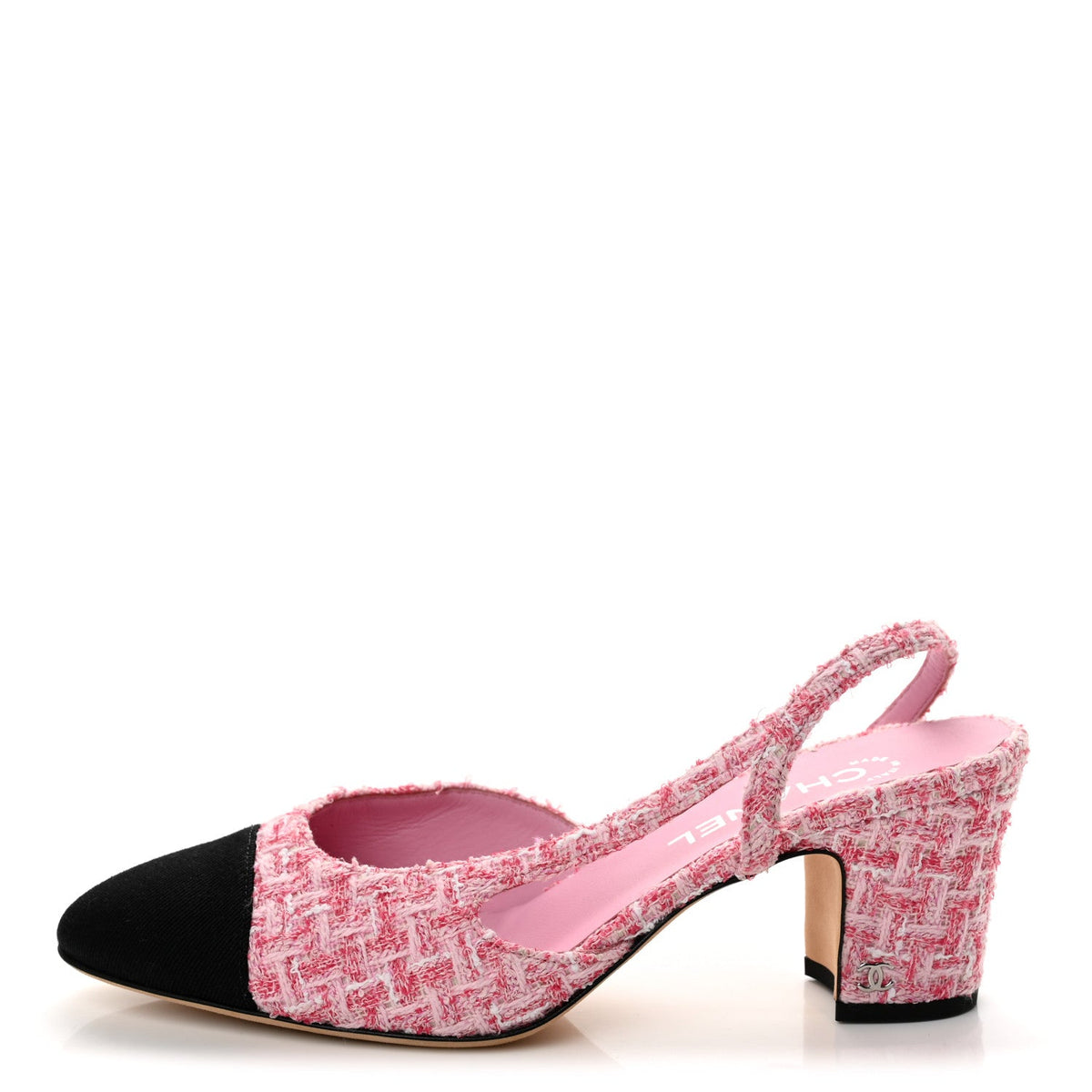 Tweed Grosgrain Cap Toe CC Slingback Pumps 40 Pink Black