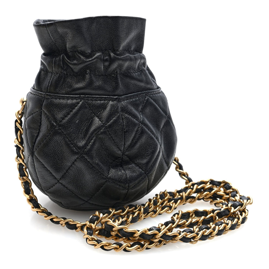Shiny Lambskin Quilted Mini Drawstring CC Bucket Bag Black