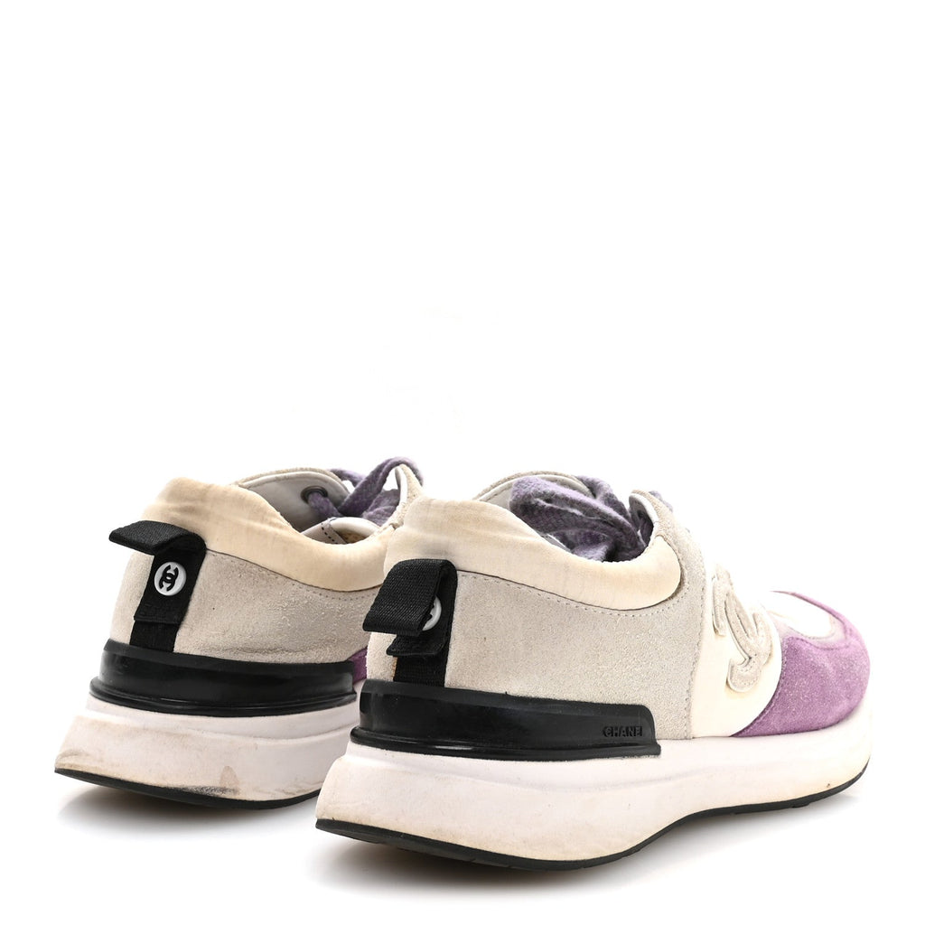 Nylon Calfskin Suede CC Womens Sneakers 36 White Light Grey Purple