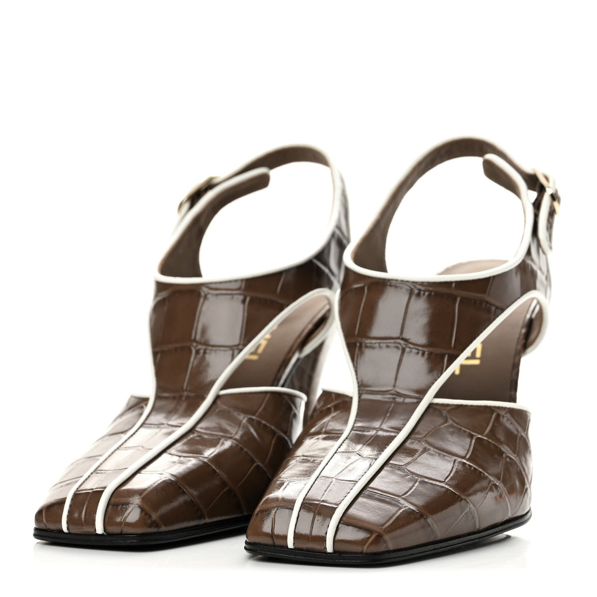 Patent Calfskin Crocodile Embossed CC Slingback Pumps 37.5 Brown White