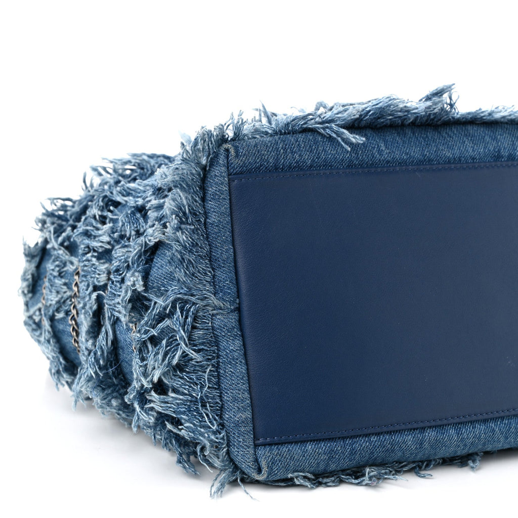 Calfskin Denim Fringe Chains CC Drawstring Bucket Bag Blue