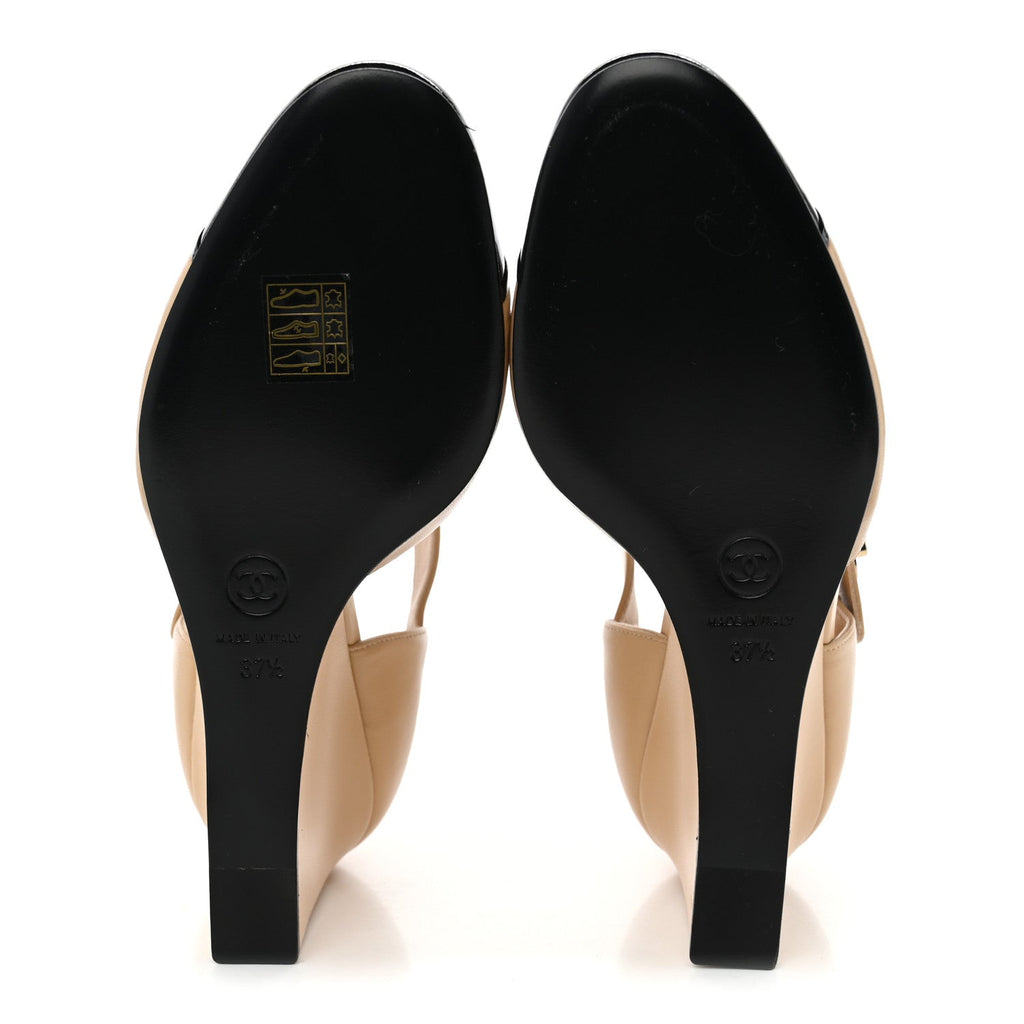 Lambskin Patent Cap Toe Mary Jane Wedge Pumps 37.5 Beige Black
