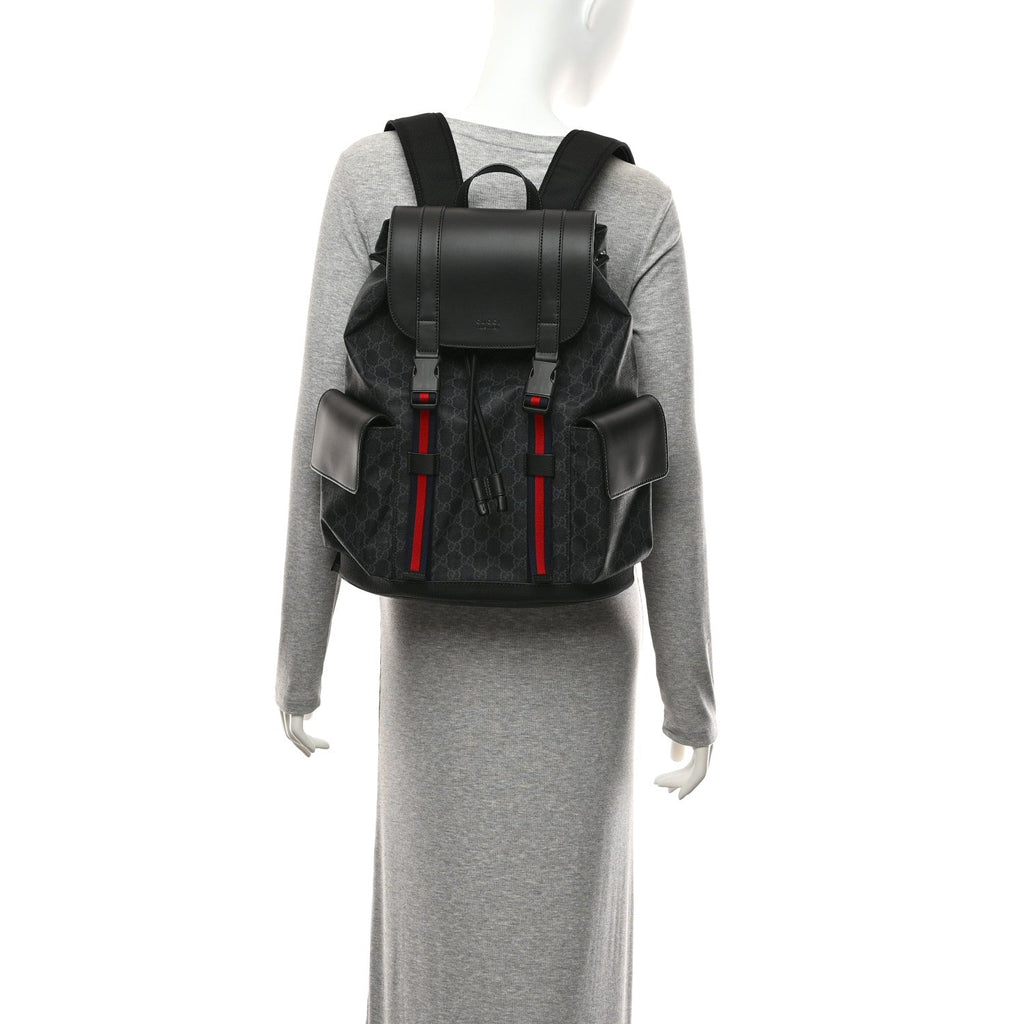 Soft GG Supreme Monogram Calfskin Web Double Buckle Backpack Black